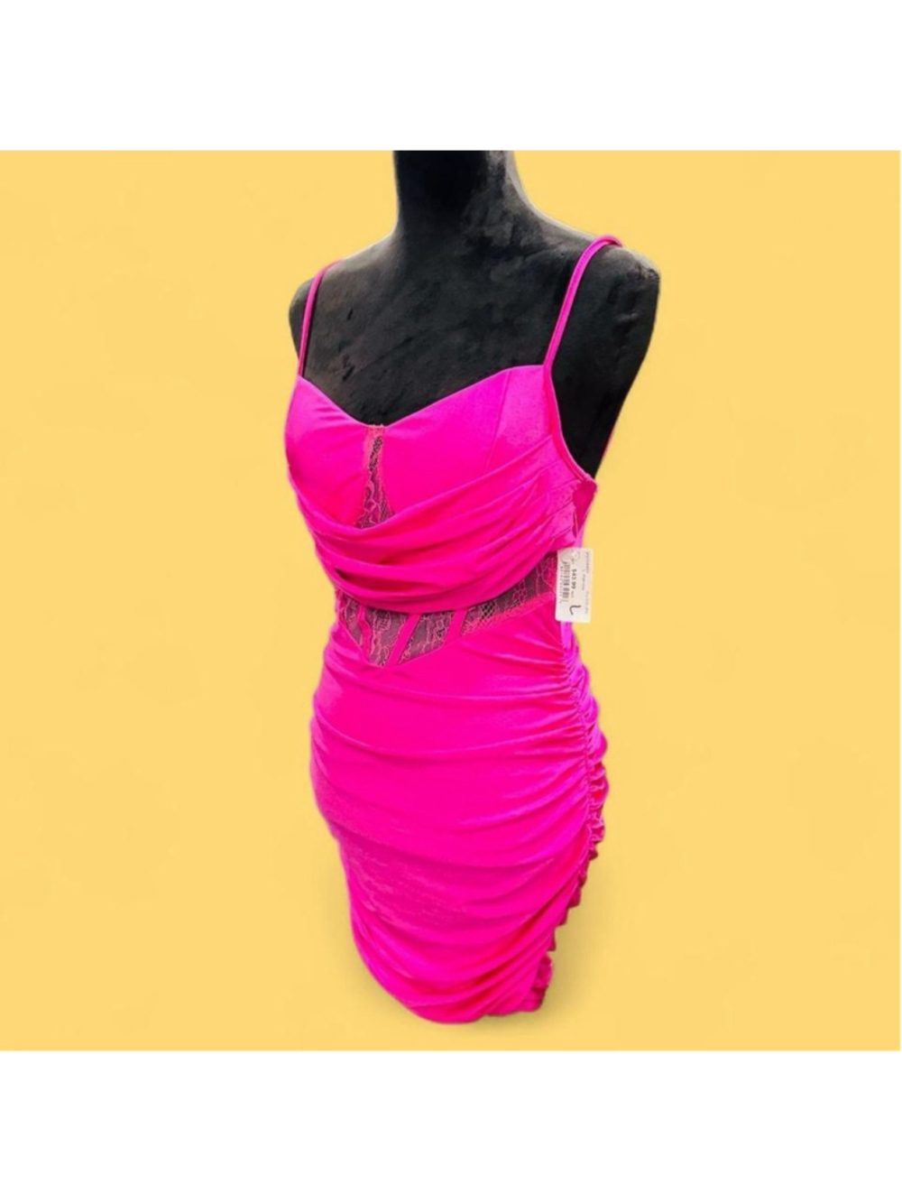 Privy Hot Pink Ruched Corset Bodycon Dress Lace Cutout Mini L NWT Sexy Clubwear